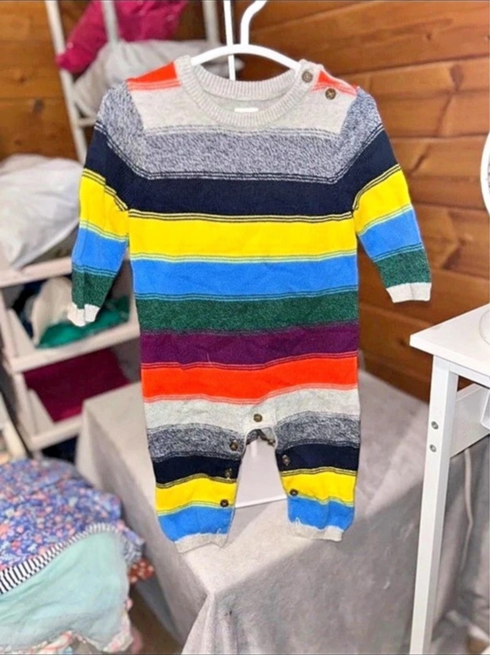 babyGap Striped Knit Footie in Gray & Blue Baby 3-6M